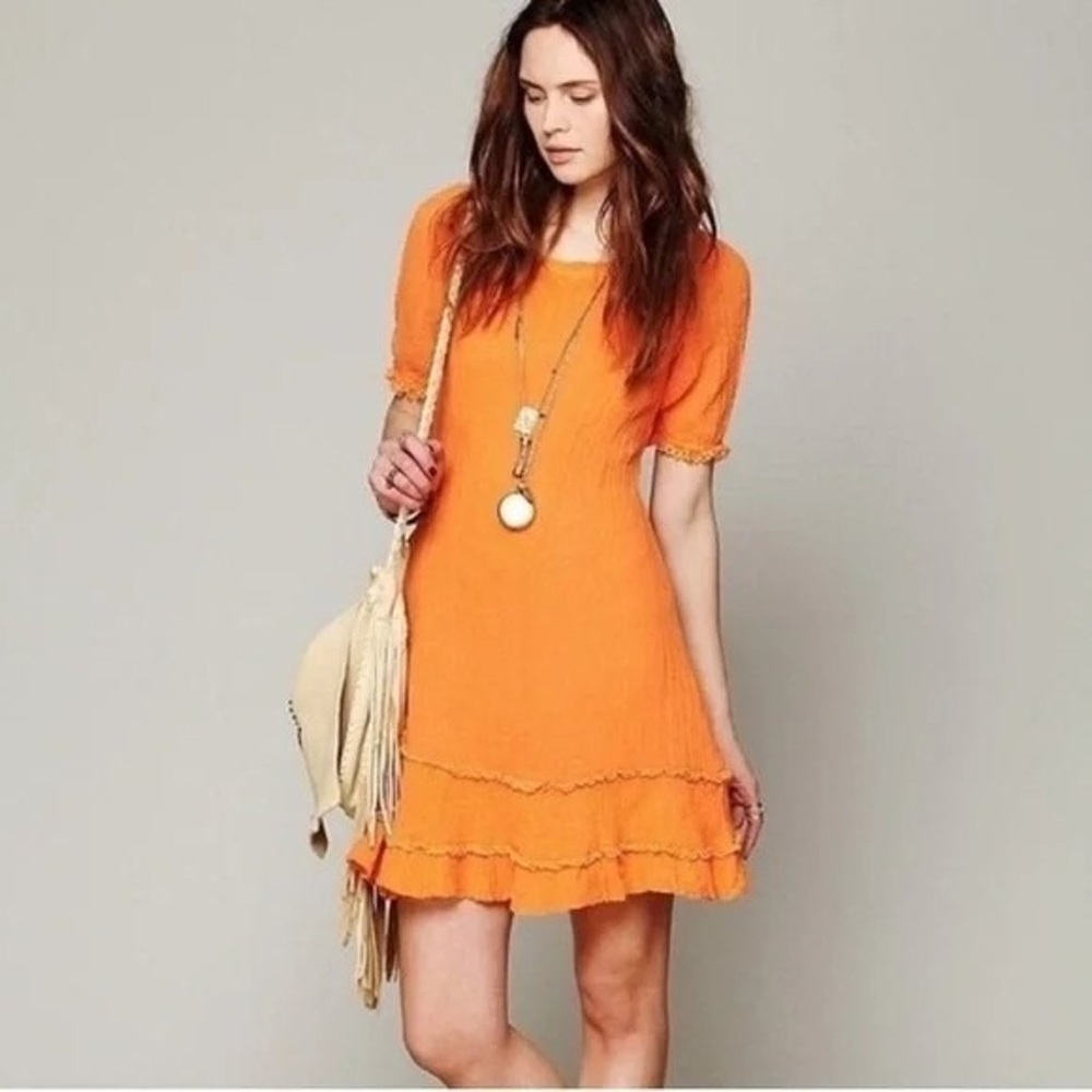 Free People Jen's Pirate Booty Cotton Orange Gauze Boho Off Shoulder Dress P/S